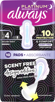 Opakowanie Always Platinum Secure Night, 10 podpasek higienicznych bez zapachu, design edition. Widok z przodu.