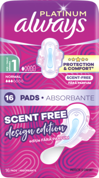 Różowe opakowanie Always Platinum scent-free, 16 podpasek ze skrzydełkami, widok z przodu.