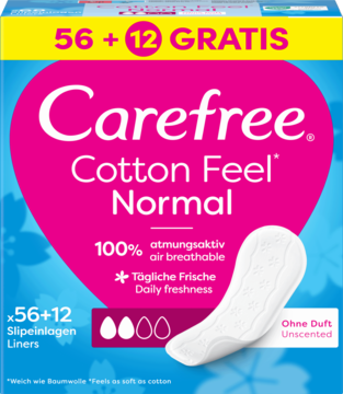 Carefree Cotton Feel Normal, 56+12 gratis, bezzapachowe wkładki higieniczne w niebiesko-różowym opakowaniu z widokiem jednej.