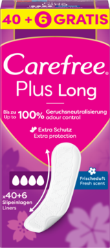 Fioletowo-różowe opakowanie Carefree Plus Long wkładki higieniczne, 40+6 gratis, widok z przodu, z neutralizacją zapachu.