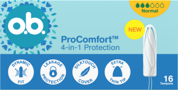 Opakowanie o.b. ProComfort™ Normal, 16 tamponów. Niebieskie pudełko z hasłem 4-in-1 Protection i widocznym tamponem.