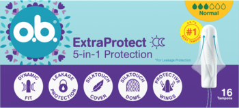 o.b. ExtraProtect Normal, opakowanie 16 tamponów bez aplikatora, niebiesko-fioletowe z logo i wyeksponowanym tamponem.