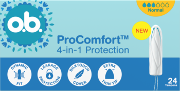 Niebieskie opakowanie o.b. ProComfort™ tamponów Normal, 24 sztuki, 4-in-1 Protection, z ilustracją białego tamponu.