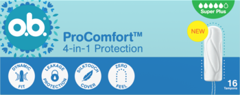 o.b. ProComfort Super Plus 4-in-1 Protection, opakowanie 16 tamponów, z niebieskim tłem i napisem NEW.