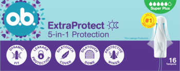 o.b. ExtraProtect 5-in-1 Protection Super Plus tampony, 16 sztuk, niebieskie opakowanie z fioletowym dołem.