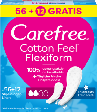 Różowo-niebieskie pudełko wkładek Carefree Cotton Feel Flexiform 56+12 gratis, oddychające, z zapachem świeżości, widok z przodu.