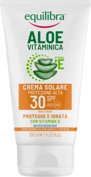 Biała tuba Equilibra Aloe Vitaminica SPF 30 UVA/UVB, krem nawilżający z aloesem i wit. E, widok z przodu.