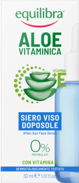Serum do twarzy Equilibra Aloe Vitaminica po opalaniu, białe pudełko z zielonym aloesem i witaminą E.