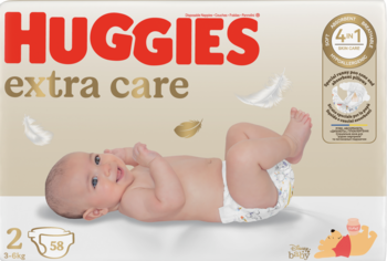 Huggies Extra Care pieluchy dla noworodka, rozmiar 2, opakowanie z uśmiechniętym dzieckiem, napisem 4in1.