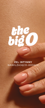 Żel intymny the big O nawilżająco-kojący. Dłoń z różowym manicure dotykająca skóry.