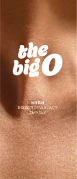 Krem rozgrzewający zmysły the big O, białe logo na zbliżeniu skóry, podkreślające teksturę.