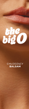 the big O, chłodzący balsam do ust i pieszczot oralnych. Napis na tle ust, skóra w odcieniu brązu.