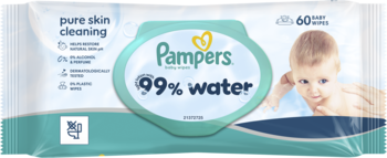 Białe opakowanie chusteczek Pampers 99% Water, z błękitnym logo i zdjęciem niemowlaka, 60 sztuk, widok z przodu.