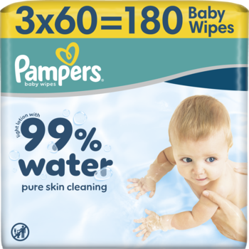 Pampers Baby Wipes, 3x60=180 sztuk, niebieskie opakowanie z baby na tle 99% wody, widok z przodu.