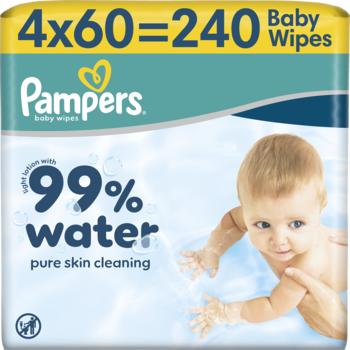 Pampers Baby Wipes 240 sztuk (4x60), jasnoniebieskie opakowanie z niemowlęciem, 99% wody, widok z przodu.