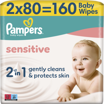 Pampers Sensitive baby wipes, białe opakowanie z uśmiechniętym dzieckiem, 160 sztuk, widok z przodu.