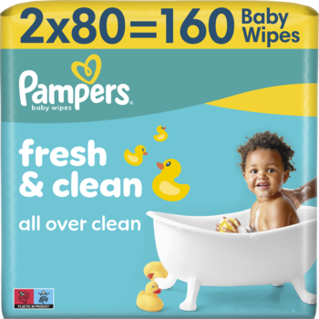 Pampers Fresh & Clean 160 Baby Wipes, turkusowe opakowanie z wizerunkiem dziecka w wannie i kaczuszkami, widok z przodu.