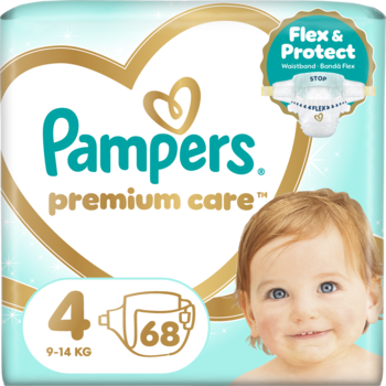 Opakowanie pieluszek Pampers Premium Care Flex & Protect, rozmiar 4 (68 sztuk, 9-14 kg), z uśmiechniętym dzieckiem.