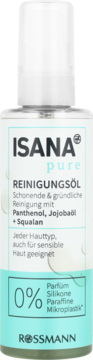 Isana Pure Cleansing Oil z pantenolem i jojobą w przezroczystej butelce, widok z przodu. Bez perfum i silikonów.
