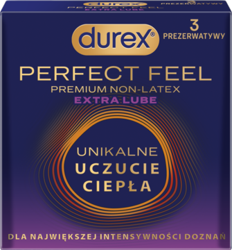 Durex Perfect Feel 3 prezerwatywy, widok z przodu granatowego pudełka, non-latex, extra lube, ciepłe uczucie.