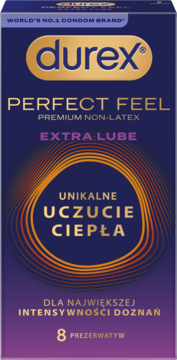 Granatowe opakowanie Durex Perfect Feel, 8 prezerwatyw. Extra Lube, unikalne uczucie ciepła.
