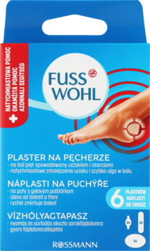 Fusswohl plastry na pęcherze w niebieskim opakowaniu, z ilustracją stopy i napisem 'szybka ulga'. 6 sztuk Rossmann.