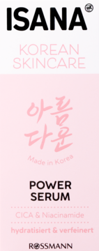 Isana Korean Skincare Power Serum, pink label, frontal view. Features CICA & Niacinamide, hydrating & refining.
