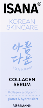 ISANA Korean Skincare Collagen Serum w biało-błękitnym opakowaniu z napisami, w tym koreańskimi znakami. Widok z przodu.