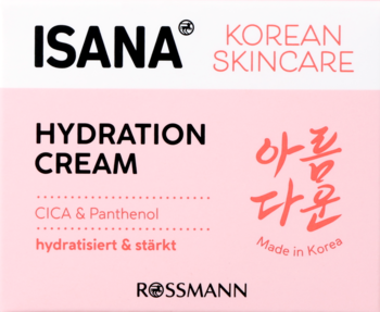 ISANA Korean Skincare Hydration Cream z CICA i Panthenolem. Różowe opakowanie, widok z przodu.