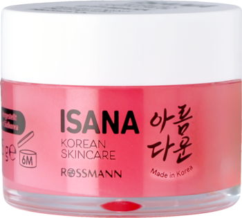 Różowa maska do ust Isana z masłem shea i jojoba w okrągłym słoiczku, biała nakrętka, widok z przodu.