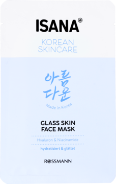 Biało-niebieska maska ISANA Korean Skincare Glass Skin z hialuronem i niacynamidem, widok z przodu.