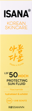 ISANA Korean Skincare Protecting Sun Fluid LSF 50, żółte opakowanie z tekstem "Made in Korea".