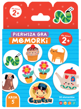 Front pudełka Czuczu Pierwsza Gra Memorki dla dzieci 2+, z barwnymi ilustracjami zwierząt, kwiatów, 30 elementów.