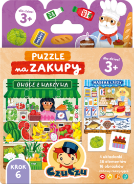 Edukacyjne puzzle Czuczu na Zakupy dla dzieci 3+, z ilustracjami sklepów spożywczych i produktów, widok z przodu.