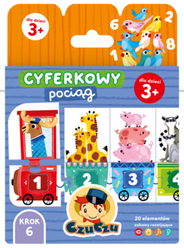 Kolorowa układanka Czuczu Cyferkowy Pociąg dla dzieci 3+. Na pudełku puzzle z wagonami od 1 do 4 ze zwierzętami.