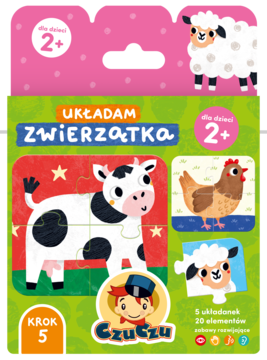 Kolorowe puzzle Czuczu "Układam Zwierzątka" dla dzieci 2+, z farmą: krowa, kura, owca na zielonym tle.