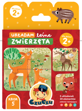 Czerwono-pomarańczowe pudełko puzzli CzuCzu Układam Leśne Zwierzęta dla dzieci 2+, 5 układanek po 4 elementy.