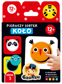 Czuczu Pierwszy Sorter Koło, puzzle edukacyjne 12m+ z kółkami zwierząt (panda, sowa) na czarnym tle. Dłoń dziecka.