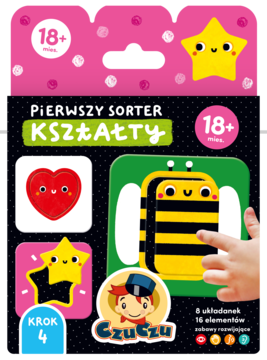 CzuCzu Pierwszy Sorter Kształty 18+, opakowanie, edukacyjny zestaw puzzli z sercem, gwiazdami, pszczołą.