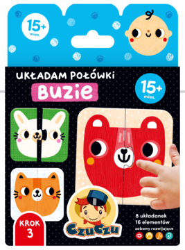 CzuCzu Układam połówki Buzie, edukacyjne dwuelementowe puzzle dla 15m+. Kolorowe zwierzęta, widok pudełka z ręką dziecka.