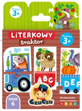 Kolorowe puzzle CzuCzu Literkowy traktor 3+ z barwnym traktorem, wagonami z literami i zwierzętami. Widok z przodu.
