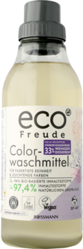 Butelka eco Freude Color-Waschmittel, widok z przodu. Eko płyn do prania kolorowych ubrań, z szarą zakrętką.