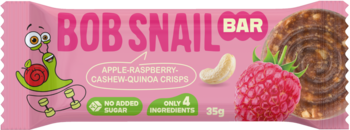 Bob Snail Bar Apple-Raspberry-Cashew-Quinoa Crisps. Różowe opakowanie z wesołym ślimakiem, orzechami, malinami, widok z przodu.