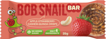Różowy baton Bob Snail Apple-Strawberry Cashew-Quinoa. Na opakowaniu ślimak na desce, truskawka i nerkowiec. Bez cukru.