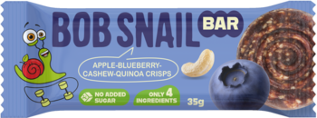 Niebieski Bob Snail Bar, jabłkowo-borówkowy baton z orzechami nerkowca i chrupkami quinoa. Bez cukru, 35g.