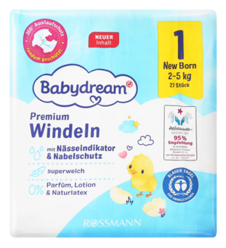Niebieskie opakowanie pieluch Babydream Premium New Born 1 (2-5kg) ze wskaźnikiem wilgotności i ochroną pępka.