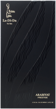 Czarne matowe pudełko perfum Arabiyat Prestige La-Di-Da for him, ze złotym logo i tłoczonymi liniami.