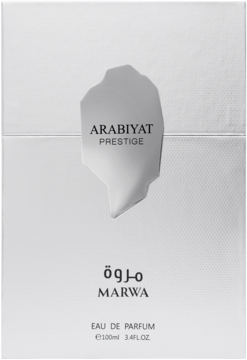 Białe, teksturowane pudełko perfum Arabiyat Prestige Marwa EDP 100ml z metalicznym logo, front.