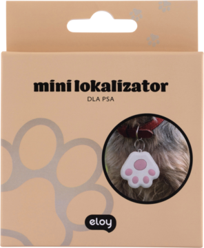 Beżowe pudełko mini lokalizatora dla psa Eloy, z widoczną białą zawieszką łapki na obroży.