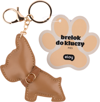 Brelok do kluczy pies, brązowy, z ekoskóry, kształt buldoga z obrożą, metalowe złote zapięcie, z metką.
